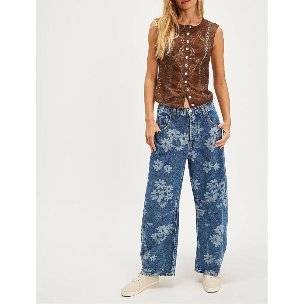 Women's Baggy Wide Leg Denim Jeans Floral Print Mid Rise Ankle Pants - Picture 3 of 6